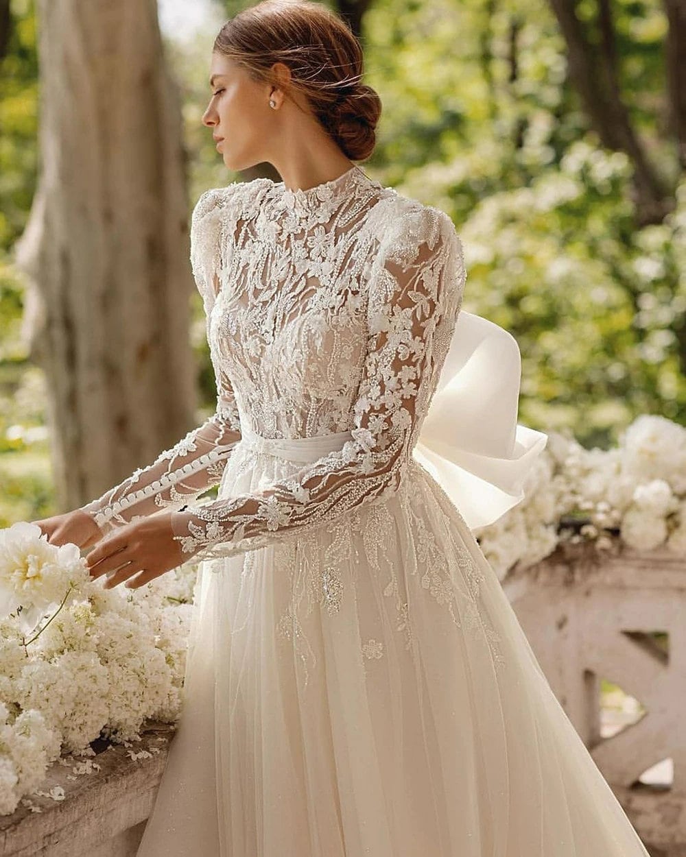 Boho Wedding Dress with Big Bow  High Neck Long Sleeves Wedding Gown –  Okko Designs