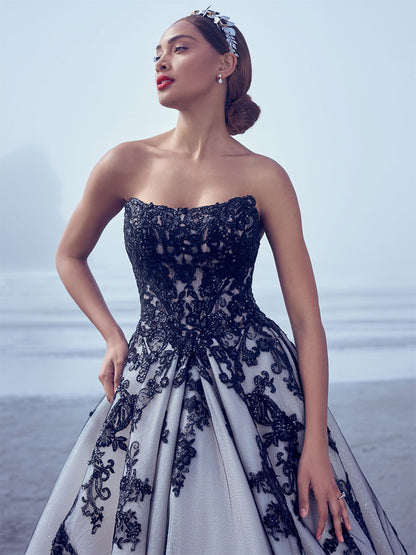Black Floral Applique Princess Wedding Dresses A-Line Sleeveless Floor-Length Bridal Gown