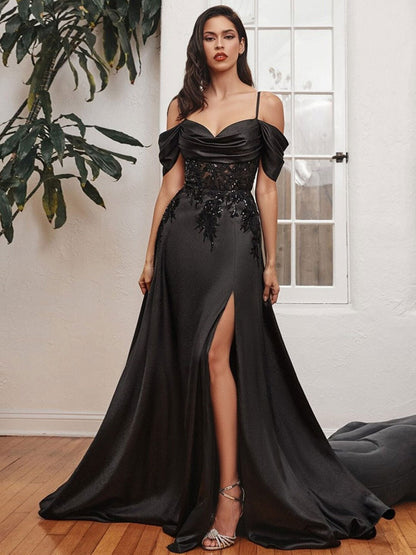 Exquisite Satin Fabric with Lace Embroidery Gothic Black Wedding Dress Off Shoulder Gown With Free Customization
