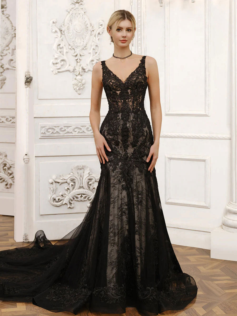 Black Mermaid Wedding Dress Sleeveless Gothic Dress Backless Contrasting Lace Sweep Train Bridal Gown