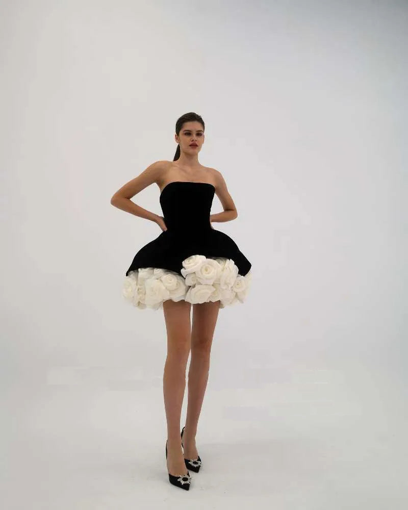 Luxury Strapless Black Mini Dress Sexy 3D Volume Rose Women Fashion Birthday Party Dress