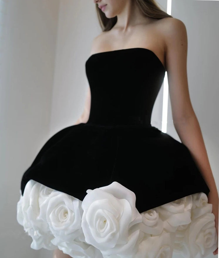 Luxury Strapless Black Mini Dress Sexy 3D Volume Rose Women Fashion Birthday Party Dress