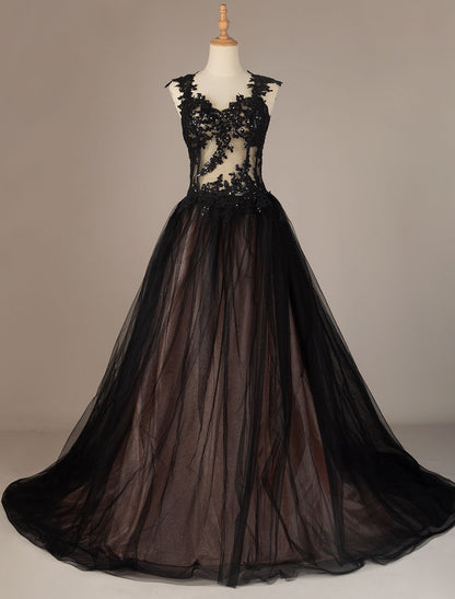 Black Loyal Lace Wedding Dress Tulle Princess Sleeveless Low Rise Waist Court Train Bridal Gown