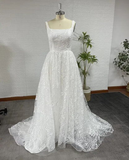 Luxury Square Collar Embroidered Bridal Gown With Removable Full Sleeves Wedding Dress