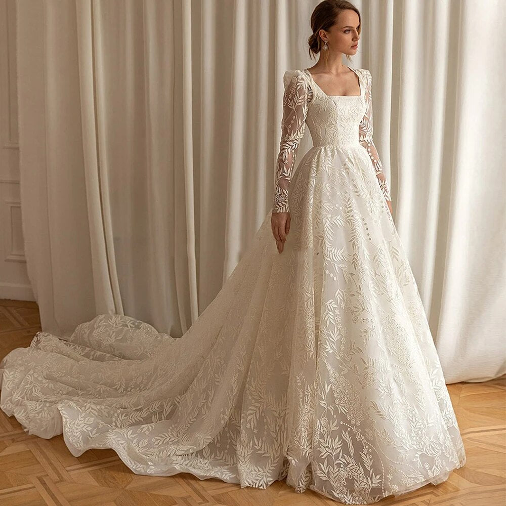 Luxury Square Collar Embroidered Bridal Gown With Removable Full Sleeves Wedding Dress