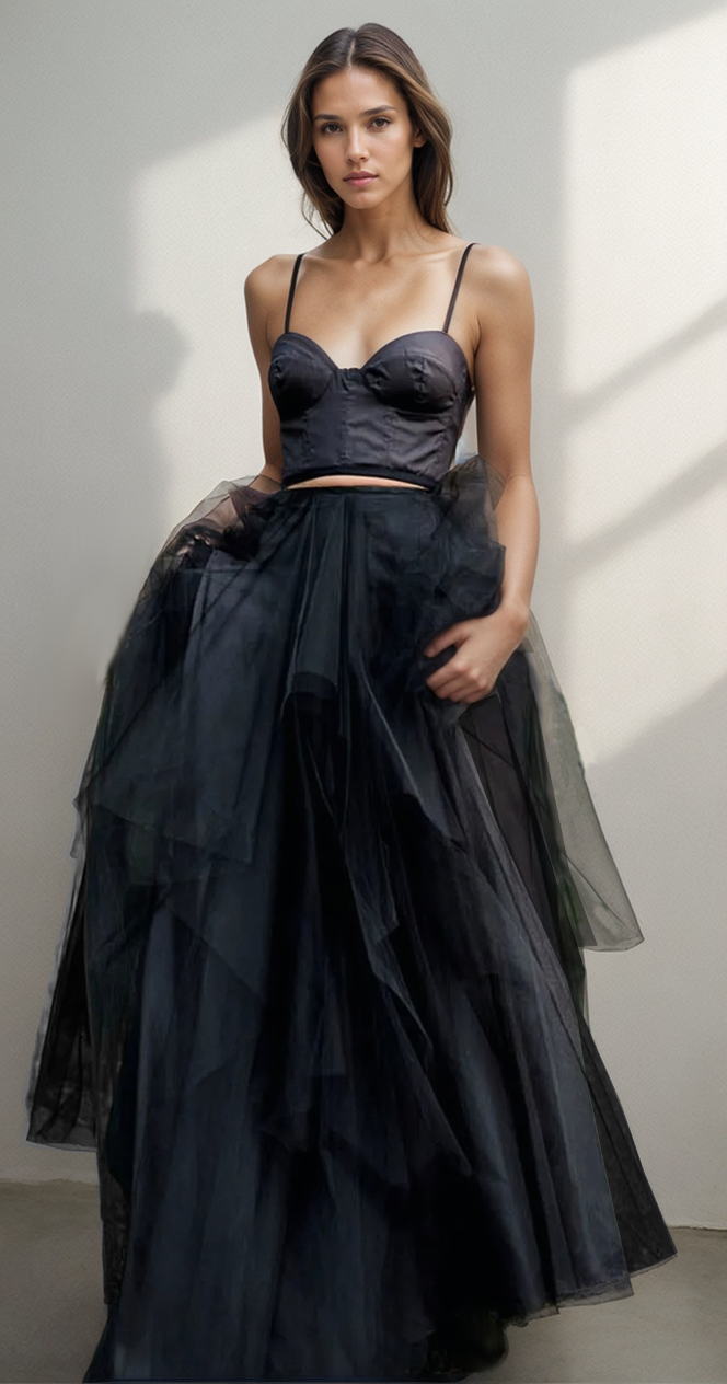 Fashion Two Piece Black Top Long Tutu Skirt Side Slit Prom Black Party Maxi Dress Black Wedding Skirt Free Shipping