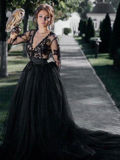 Black Wedding Dress, Gothic Tulle A-Line V-Neck Long Sleeves Backless Dress, Lace Cathedral Train Bridal Gown Free Customization