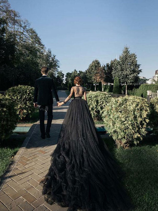 Black Wedding Dress, Gothic Tulle A-Line V-Neck Long Sleeves Backless Dress, Lace Cathedral Train Bridal Gown Free Customization