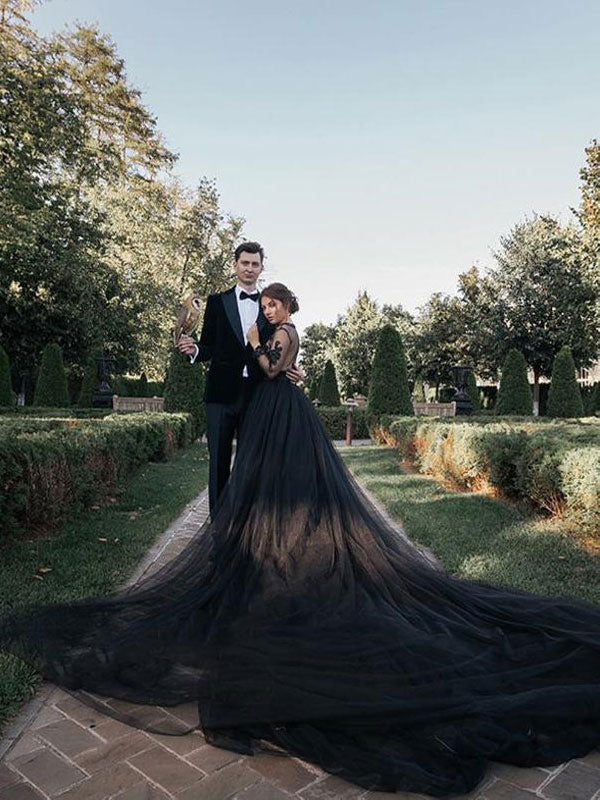 Black Wedding Dress, Gothic Tulle A-Line V-Neck Long Sleeves Backless Dress, Lace Cathedral Train Bridal Gown Free Customization