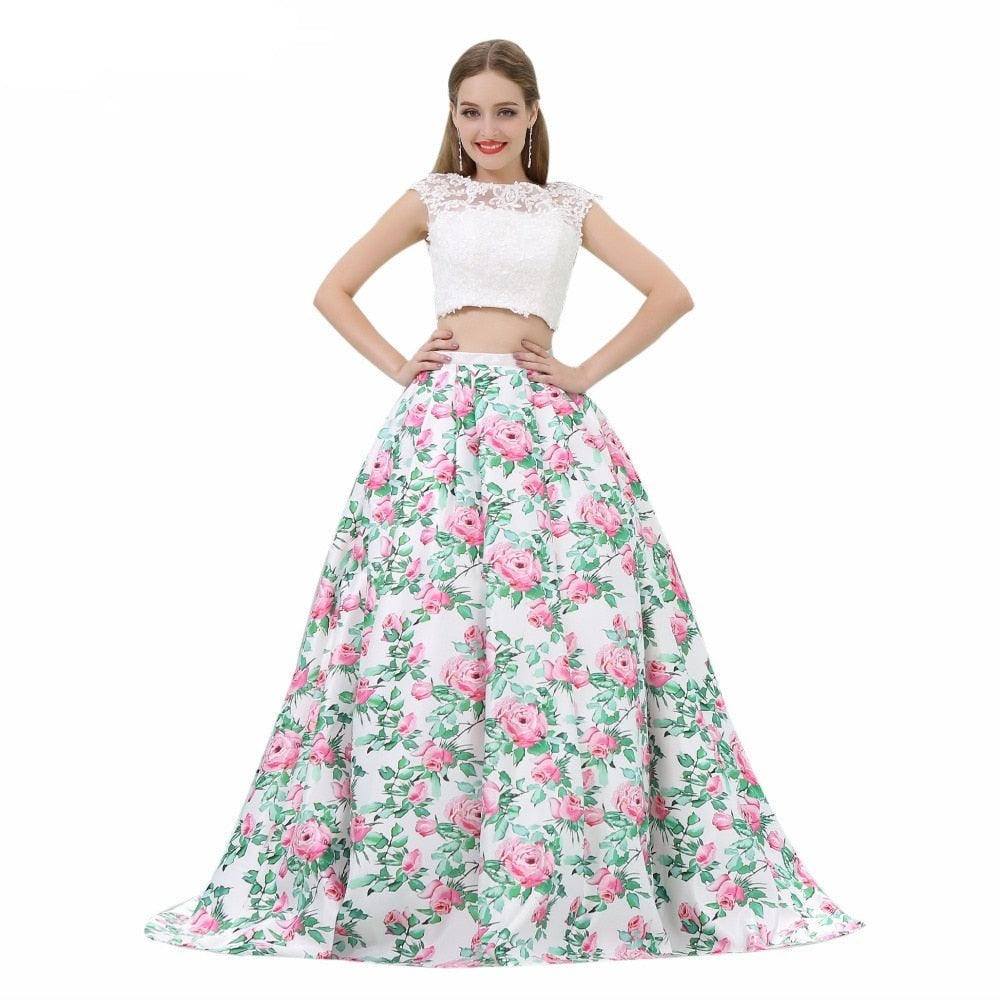 Cap Sleeves Lace Top A-line Two-piece Printed Flowers Prom Dresses
