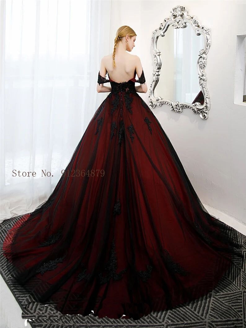 Dark Red Wedding Dress, Black Applique Off Shoulder Wedding Dress, Lace Bridal Gown With Train.