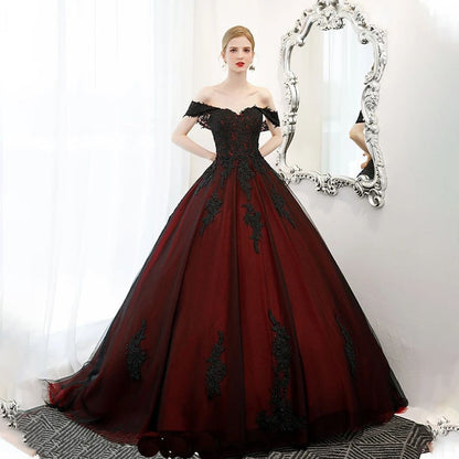 Dark Red Wedding Dress, Black Applique Off Shoulder Wedding Dress, Lace Bridal Gown With Train.