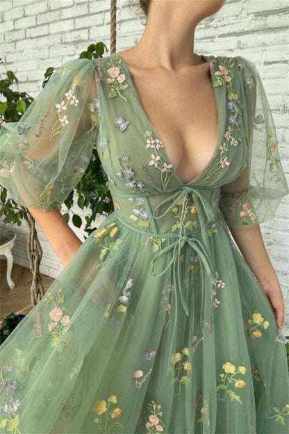 Ankle Length Green V-neck A-line Prom Dresses With Sleeves