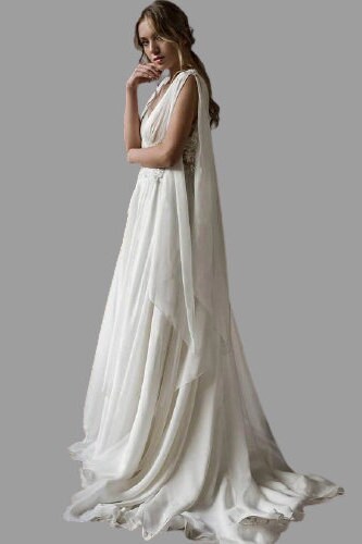 Boho Wedding Chiffon Lace Princess Bride Dress, Long Split Sleeve, Deep V-Neck