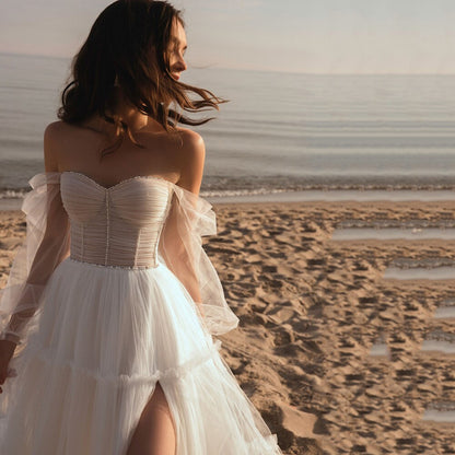 Sweetheart Beach Wedding Dress | Off Shoulder Wedding Dress with Slit Side | Vintage Boho Wedding Dress | Long Puff Sleeves