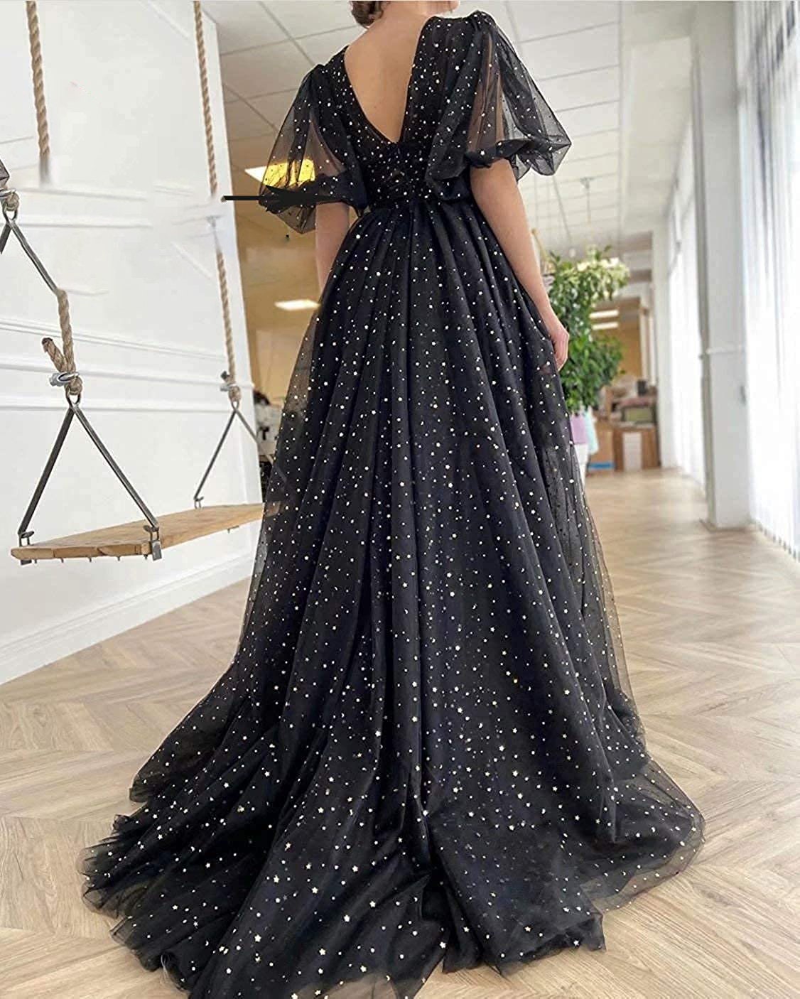 Starred Tulle Prom dress,Puffy Sleeve, Princess Off The Shoulder Maxi Dress Bridesmaid Dress, Plus Size free shipping