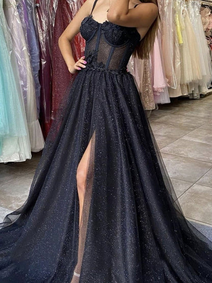 Black Glitter Tulle Prom Dress, A-Line Side Slit wedding dress, 3D Flowers Long Evening Gown, Tulle Prom Dress
