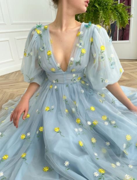Embroidery Daisy Flowers Tulle Prom Dress, Light Blue Midi Dress, Puffy Sleeve Prom Dress, Bridesmaid Dress, Plus Size