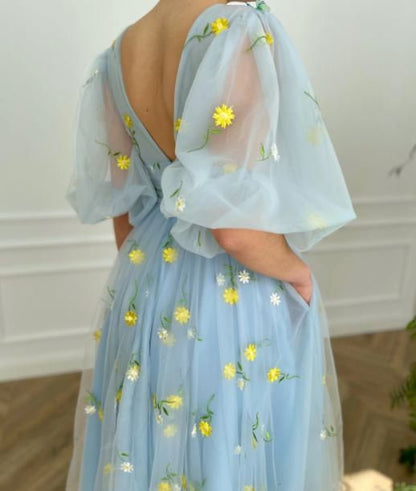 Embroidery Daisy Flowers Tulle Prom Dress, Light Blue Midi Dress, Puffy Sleeve Prom Dress, Bridesmaid Dress, Plus Size