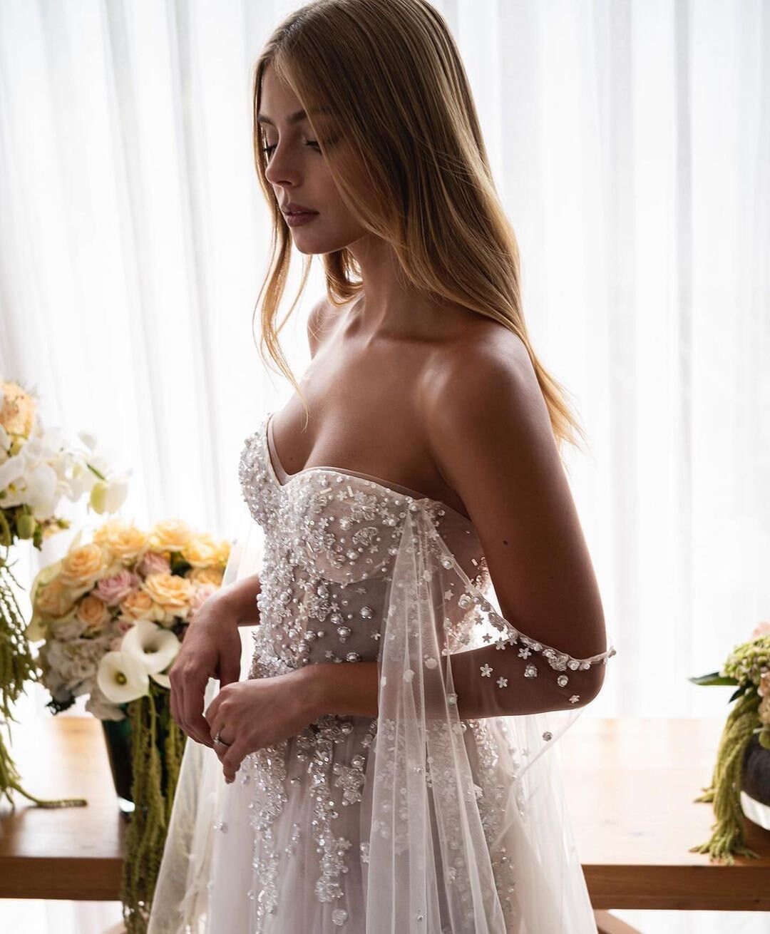 Delicate Beach Wedding Dress | A-Line Beaded Pearls Appliques Wedding Dress | Off the Shoulder Vintage Bridal Gown, Custom Made