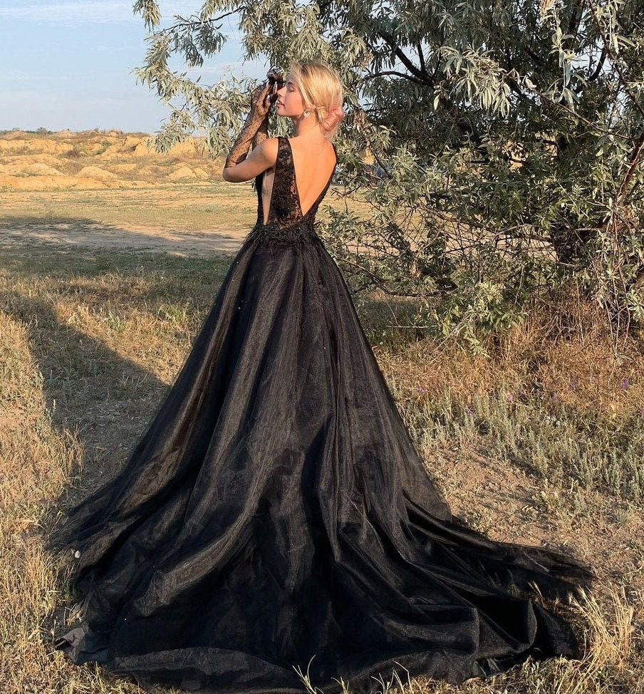 Celebrity Style Black Wedding Dress | Bodice with 3D embroidery | Black Gothic Bridal Gown, Plus Size, Free Shipping