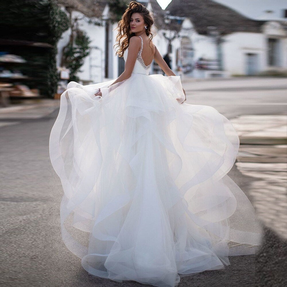 Delicate Beaded Ruffles Bridal Gown | Elegant Spaghetti Straps Wedding Dress | Plus Sizes, Custom Made Bridal Gown