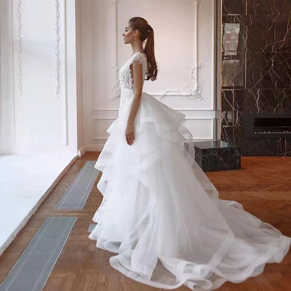 Elegant Lace Appliques Wedding Dress | Two-piece Wedding Dress with Detachable Train  | Plus Sizes, Custom Made Bridal Gown