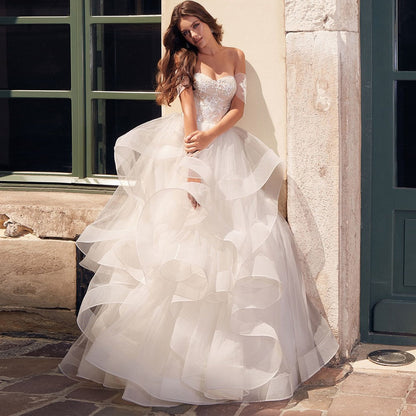 Exquisite Off-shoulder Princess Wedding Dress | Cascading Ruffles Puffy Tulle Bridal Gown | Plus Sizes, Custom Made Bridal Gown