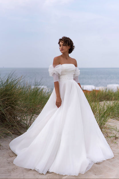 Romantic Organza and Tulle Wedding Dress, Removable Puff Sleeve Beach Bridal Gown, Plus Size, Custom Made
