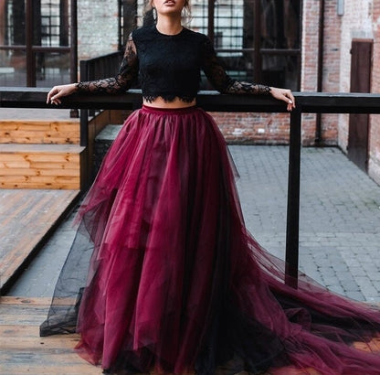 Magic Gothic Black and Burgundy Dress | Gothic Style Backless Wedding Dress |  Lace Two Pieces Bridal Gown