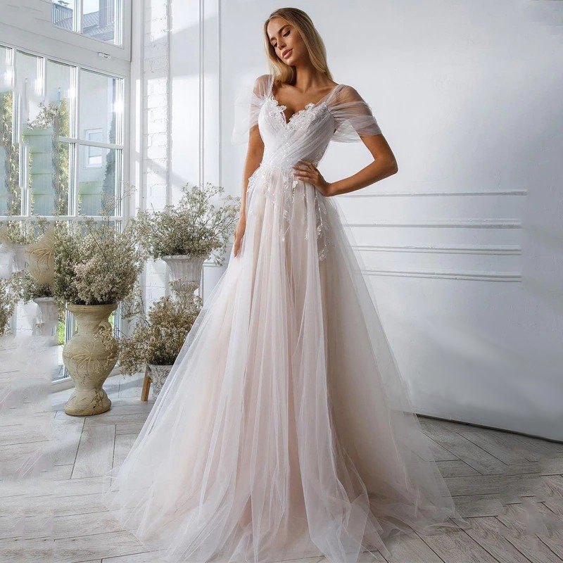 Floral Appliques Wedding Dress,  Tulle Bridal Gown, Off Shoulder Formal Dress, Plus Size, Custom Made