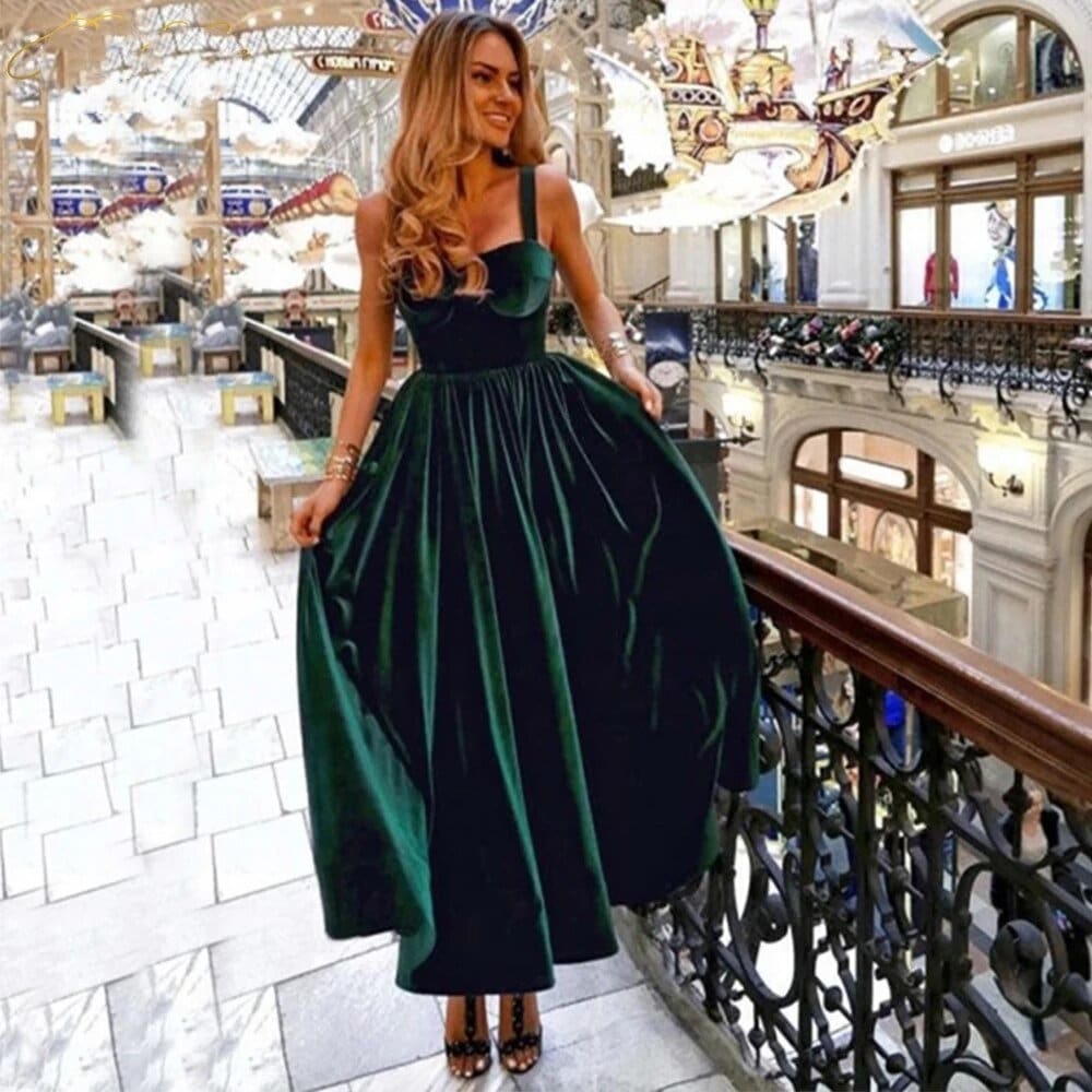 Emerald Green Velvet Prom Dress, Tea Length Special Occasion Gown, Bridesmaid Dress, Plus Size, Custom made