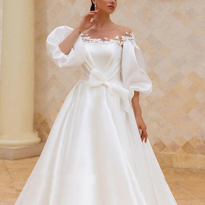Sexy Classical Organza Wedding Dress | Puff Sleeve A-Line Beach Bridal Gowns | Custom Made, Plus Size