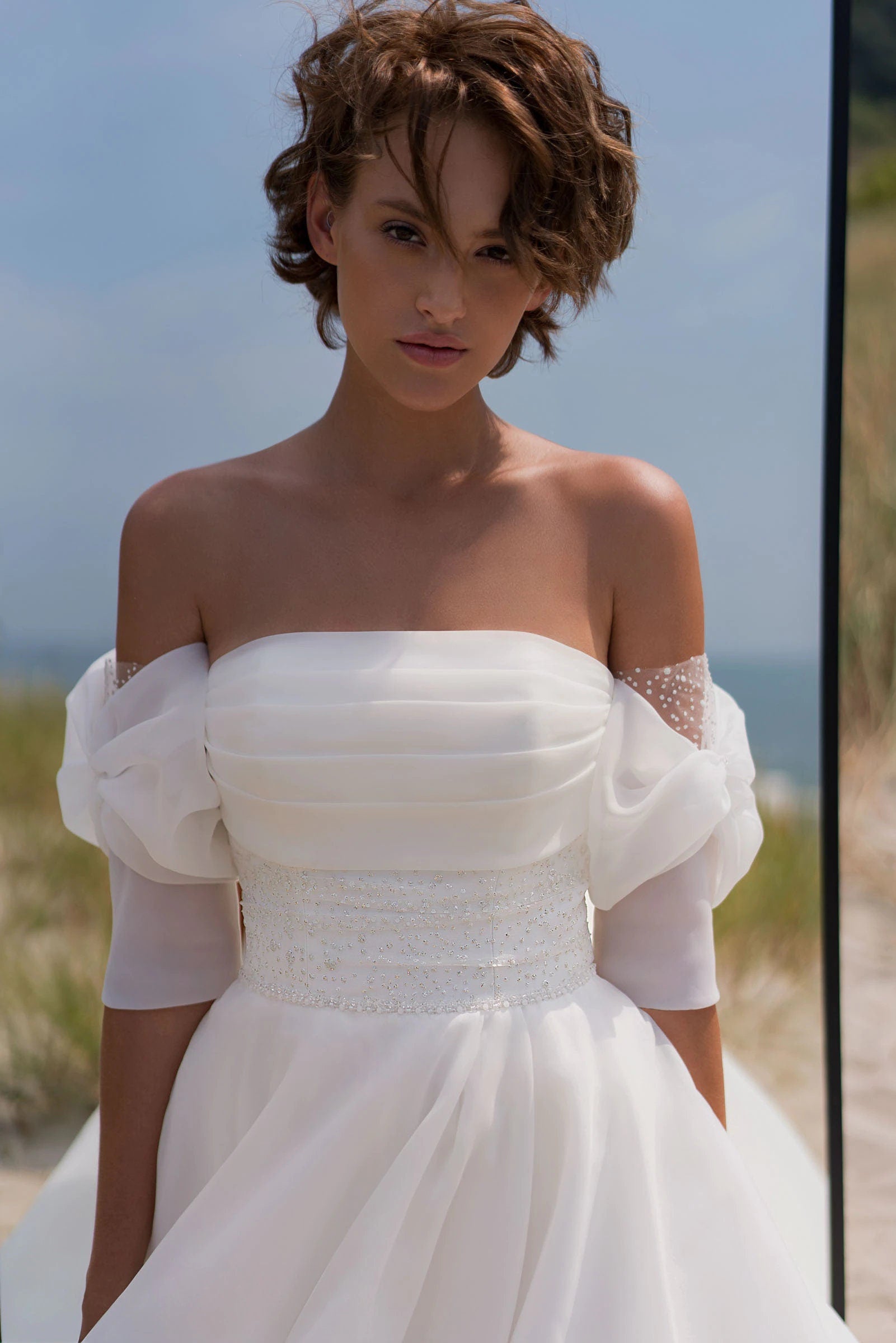 Romantic Organza and Tulle Wedding Dress, Removable Puff Sleeve Beach Bridal Gown, Plus Size, Custom Made
