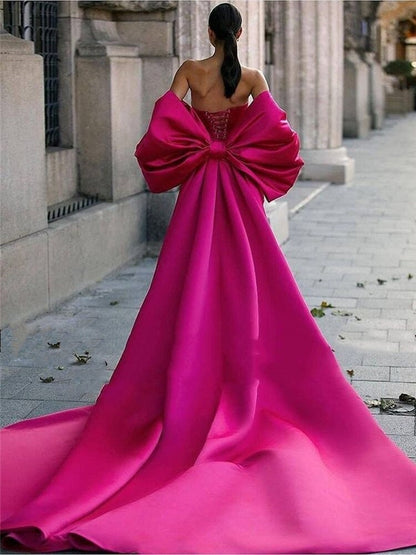 Big Bow Pink Satin Evening Dress High Side Slit Prom Dress Sexy Mermaid Formal Dress Custom made Plus Size
