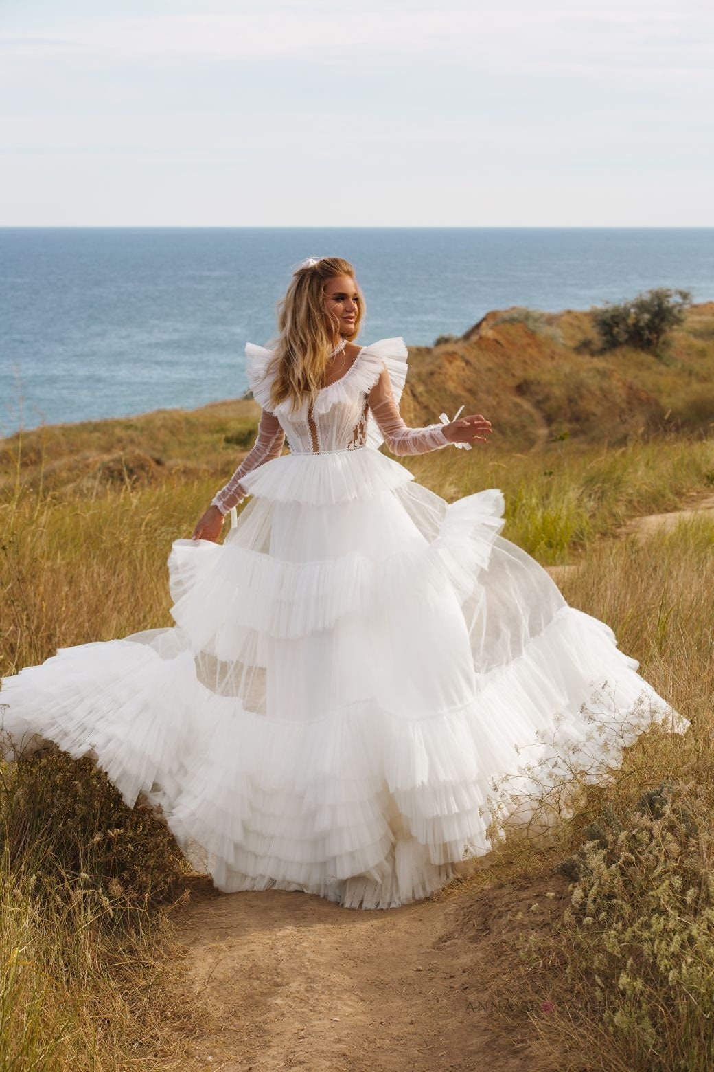 Vintage Frills Wedding Dress, Tulle Tiered Bridal Gown, Plus Size, Custom Made