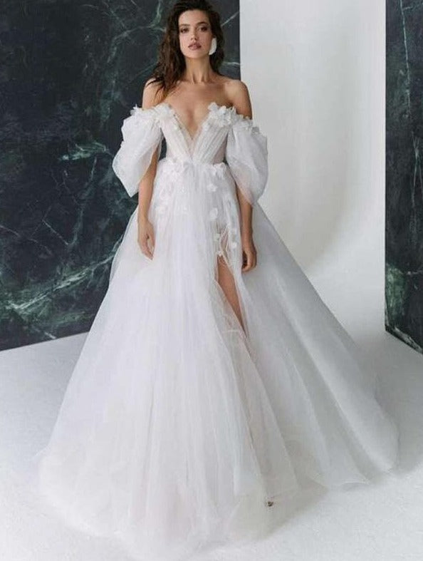 Glitter Tulle Wedding Dress, Appliques Bridal Gown, Off Shoulder Formal Dress, Plus Size, Custom Made