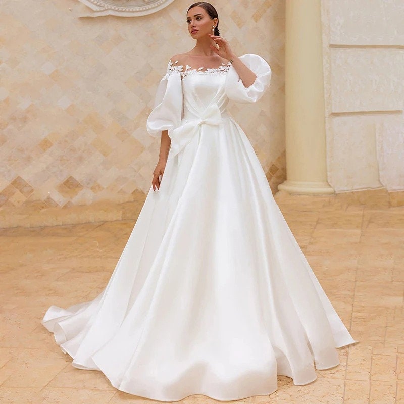 Sexy Classical Organza Wedding Dress | Puff Sleeve A-Line Beach Bridal Gowns | Custom Made, Plus Size