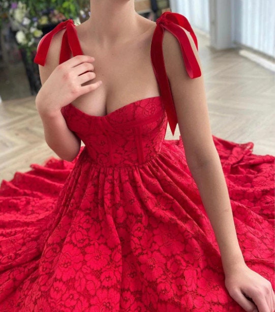 Red Prom Dress | Spaghetti Straps Sweetheart Evening Gown | Tea-Length Party Dress, Custom made