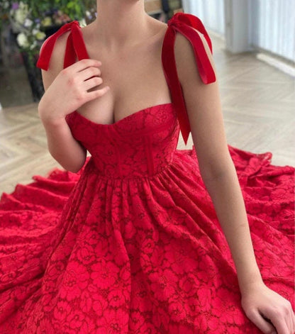 Red Prom Dress | Spaghetti Straps Sweetheart Evening Gown | Tea-Length Party Dress, Custom made