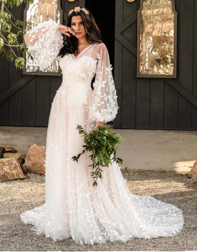Gorgeous Lace Appliques Wedding Dress Two Piece Bridal Gown Dress and Blouse with Long Sleeves  Handmade Tulle Wedding Dress Custom Made