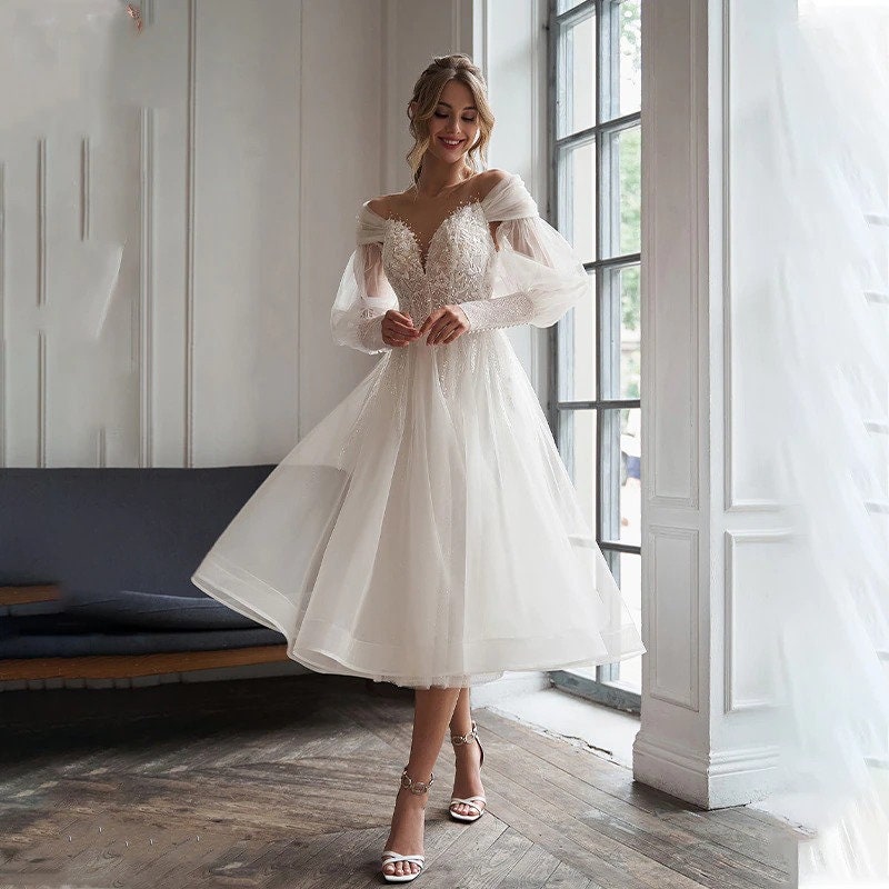 Tea Length Wedding Dress | Detachable Puff Sleeves Wedding Dress | Lace Applique Bridal Gown | Plus Sizes, Custom Made, Free Shipping