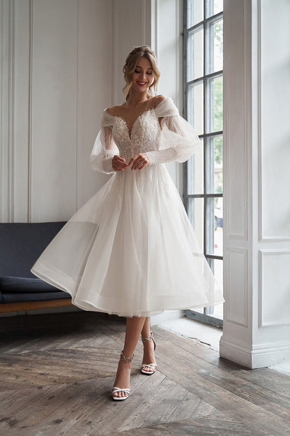 Tea Length Wedding Dress | Detachable Puff Sleeves Wedding Dress | Lace Applique Bridal Gown | Plus Sizes, Custom Made, Free Shipping