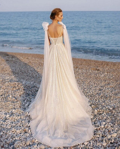 Modern Glitter Spaghetti Straps Wedding Dress | Ribbon Straps Bridal Gown | Vintage  Tulle Prom Dress | Custom Made, Plus Size