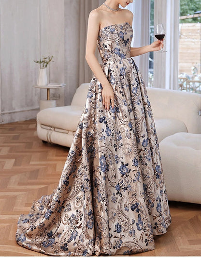 Luxury Printed Satin Evening Dresses, Long Strapless Women&
