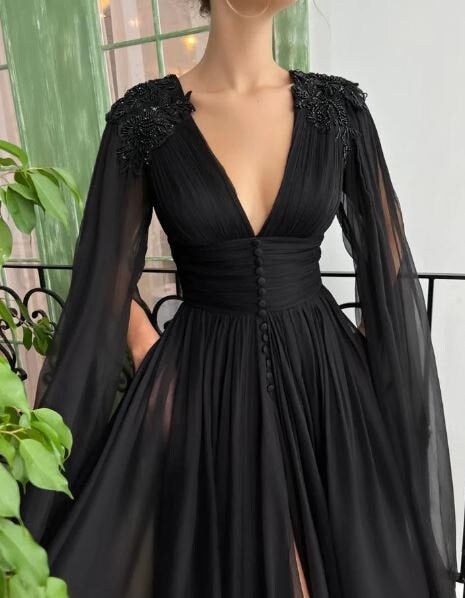 Sexy Black Formal Dress | Cape Sleeves Prom Dress | Bogemian Black Gown, Plus Size, Custom Made