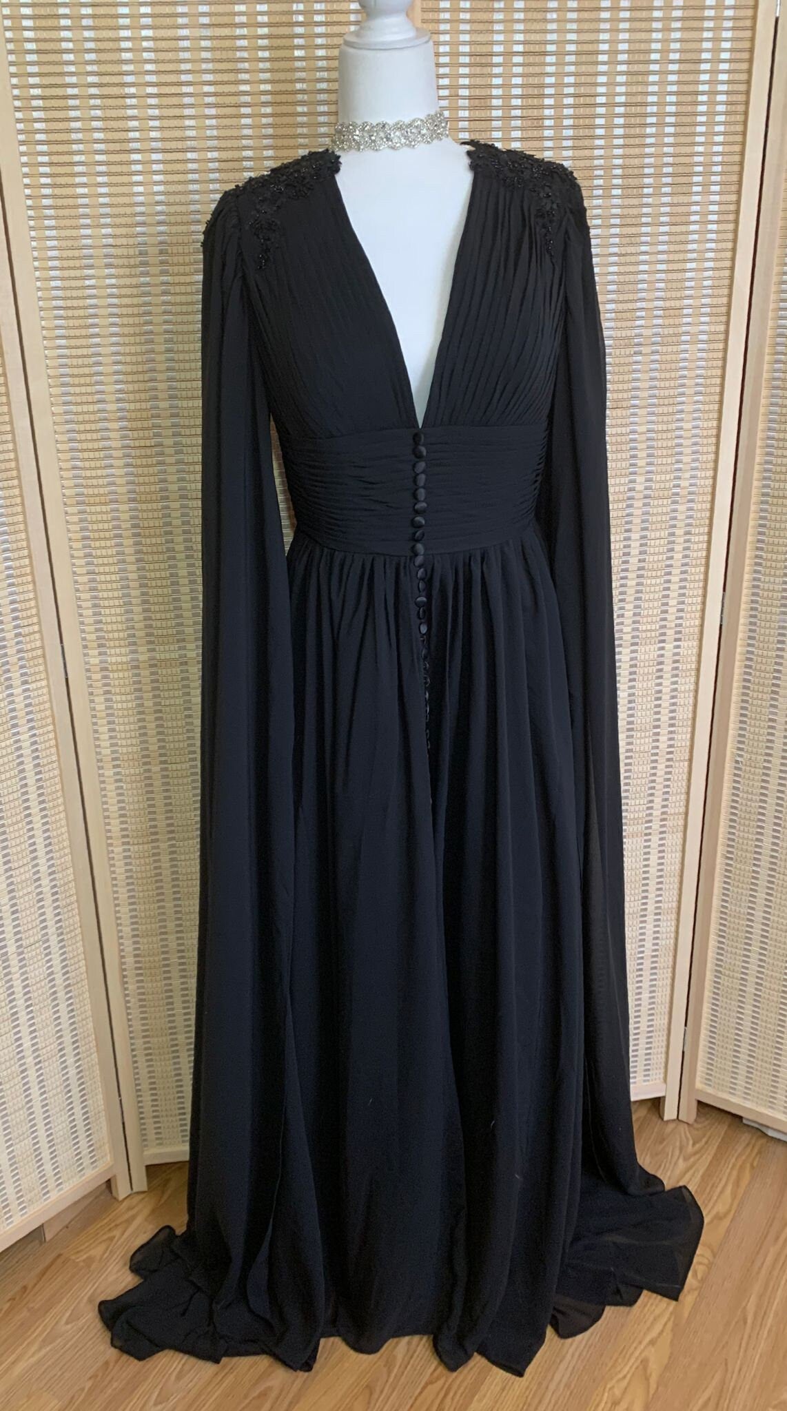 Sexy Black Formal Dress | Cape Sleeves Prom Dress | Bogemian Black Gown, Plus Size, Custom Made