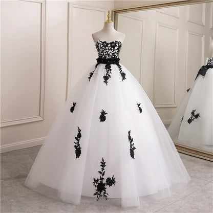 Elegant Strapless Wedding Dress | Black Lace Appliques Tulle Dress | Vintage Bridal Gown, Custom Made