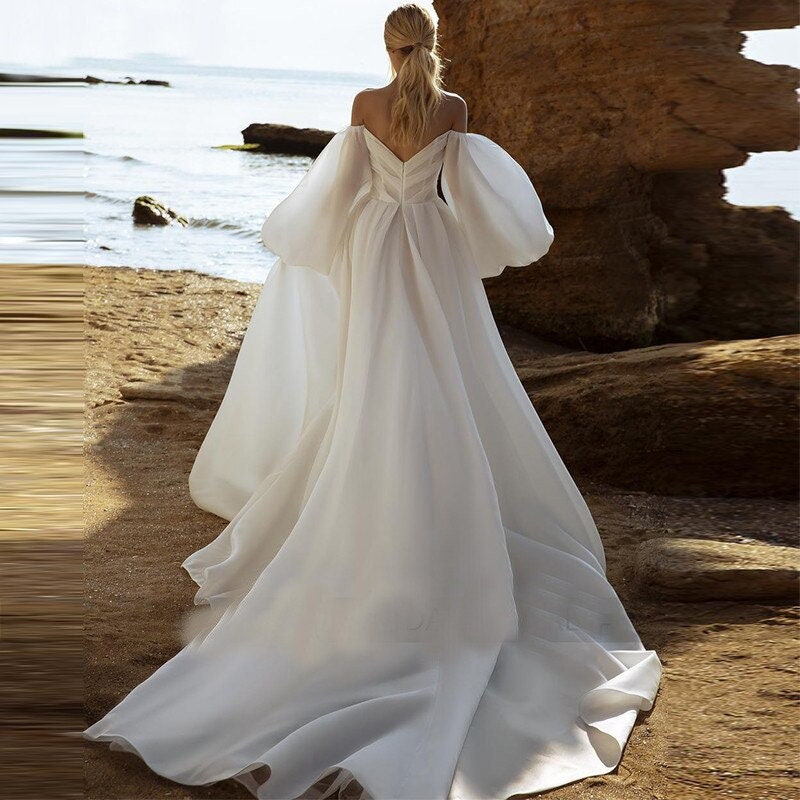 Beach Organza Wedding Dress Off The Shoulder Long Puffy Sleeves Wedding Gown Plus Size Custom Made Bridal Gown
