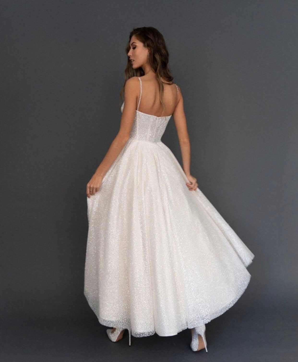 Beautiful Shiny Tulle Wedding Dress Tea Length Minimalist Wedding Dress
